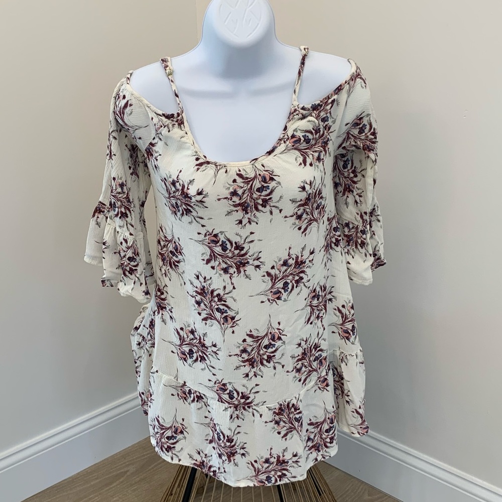 En Creme White purple Floral Cold Shoulder blouse Shirt scoop neck top